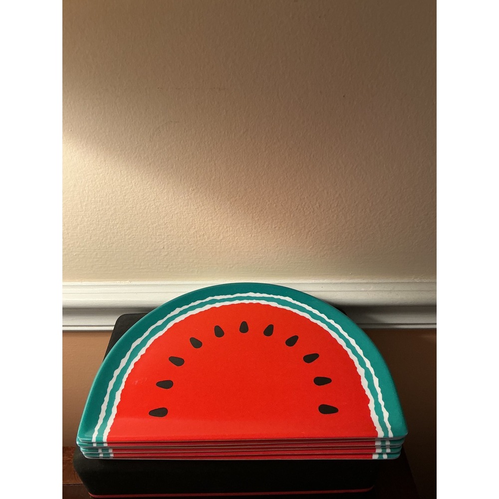Set of 6 Summer Oasis Watermelon Slice Melamine Plates Red Teal Fruit Shaped NEW